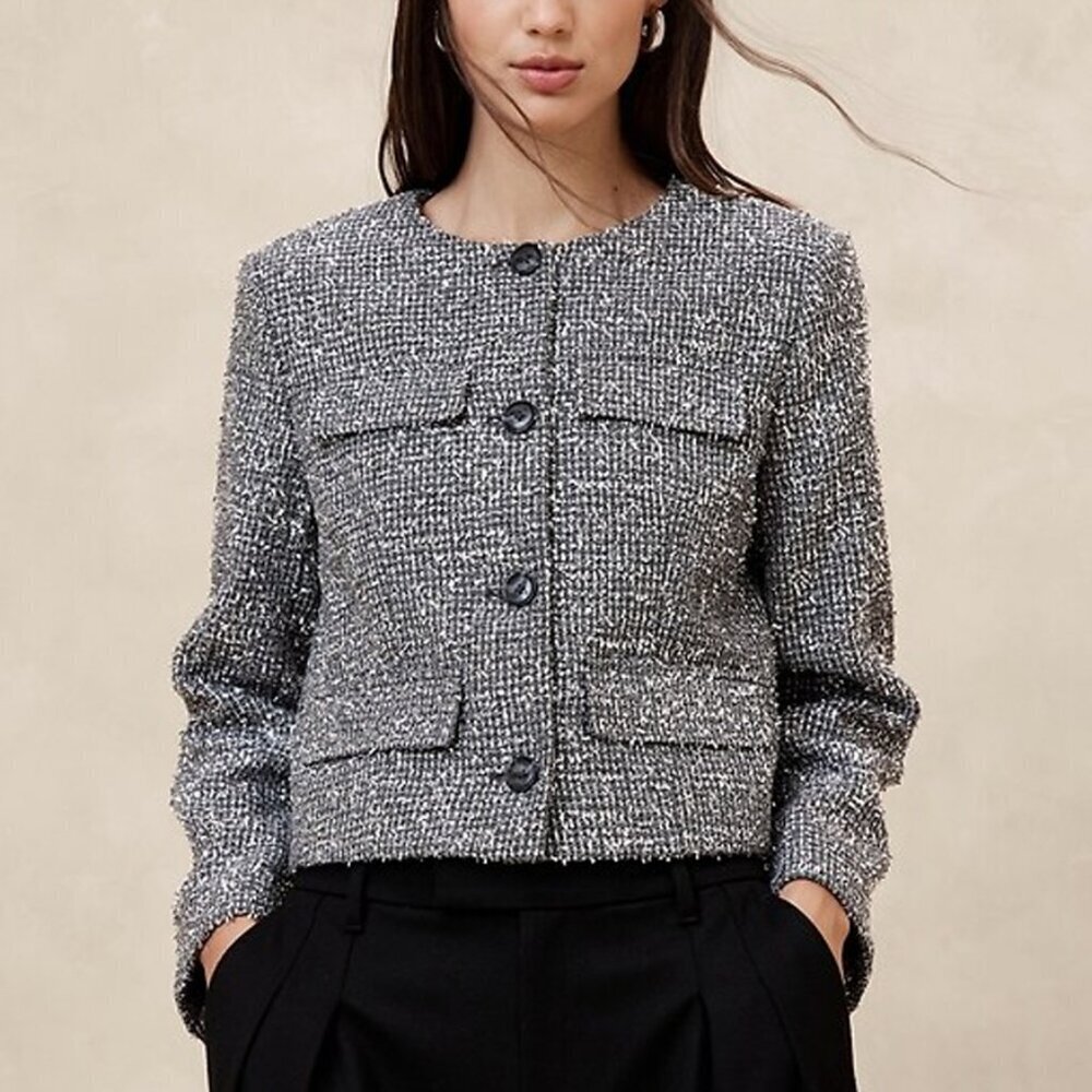 Banana Republic Metallic Silver Tweed Jacket Mini Skirt Set NWT NEW